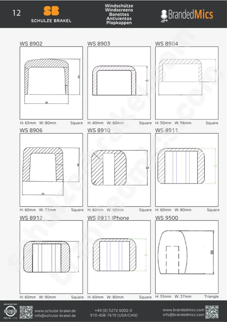 OEM windscreen catalogue page 12: square and triangular standard shapes